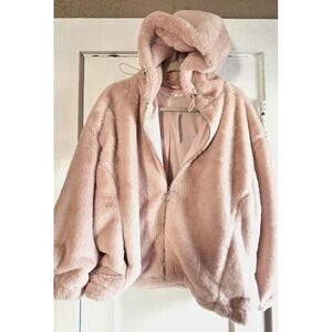 NWT francesca's mi ami super plush zipfront faux fur pink hooded lined coat